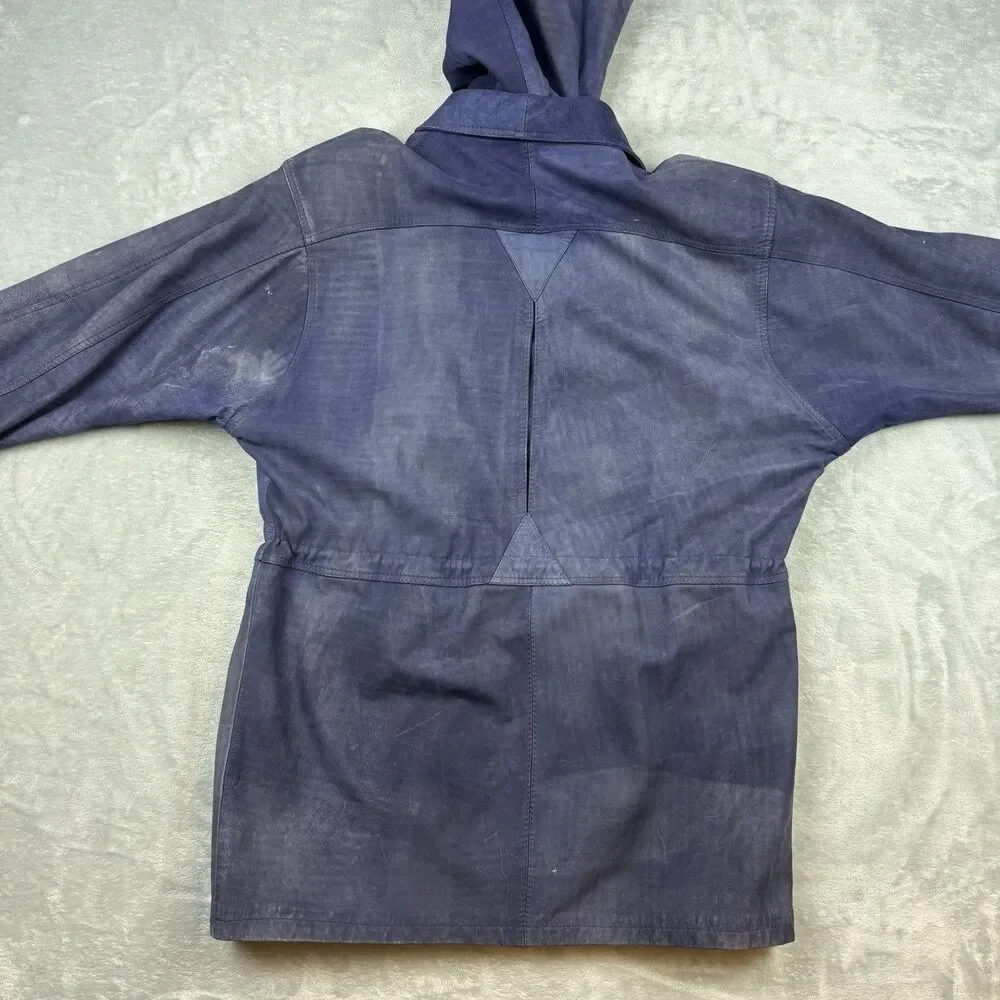 Vintage Creaciones 1000TON Blue Leather Hooded Jacket Coat Map Lined